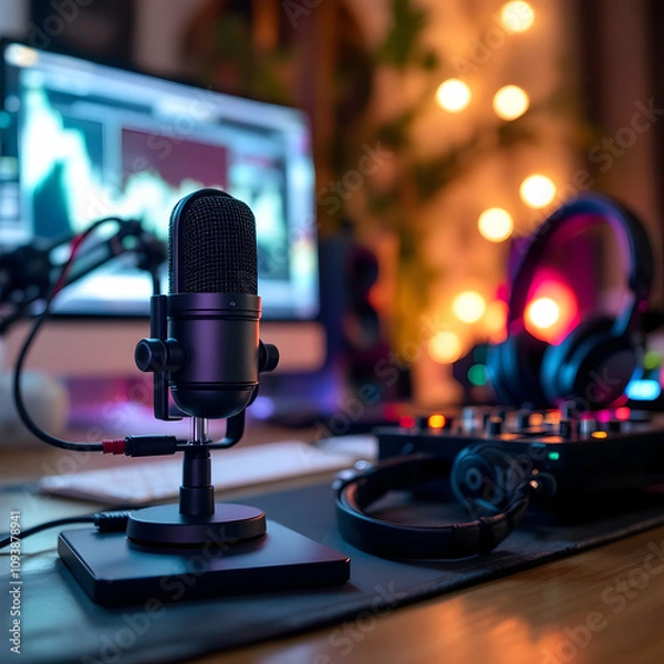 Obraz A podcast studio setup featuring a microphone, headphones, and soundboard on a wooden desk with cozy lighting.