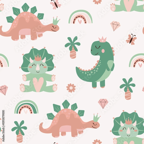Obraz Princess Dinosaurs seamless pattern. Cute dino, palm tree, flower, diamond, butterfly and rainbow vector cartoon.