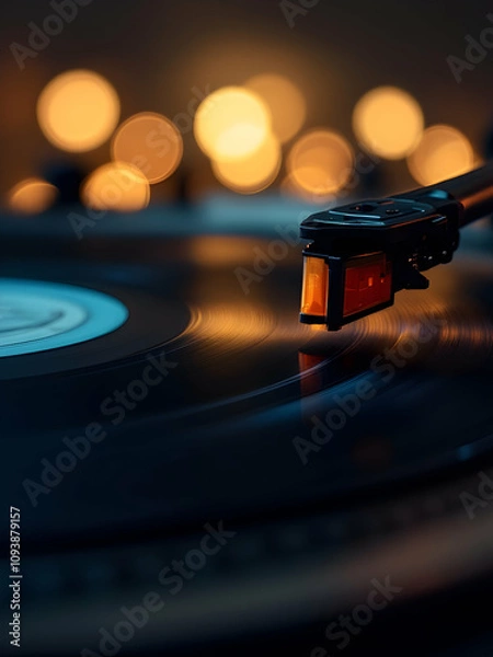 Obraz A close-up of a vinyl record spinning on a turntable, with soft-focus background lights creating a nostalgic vibe