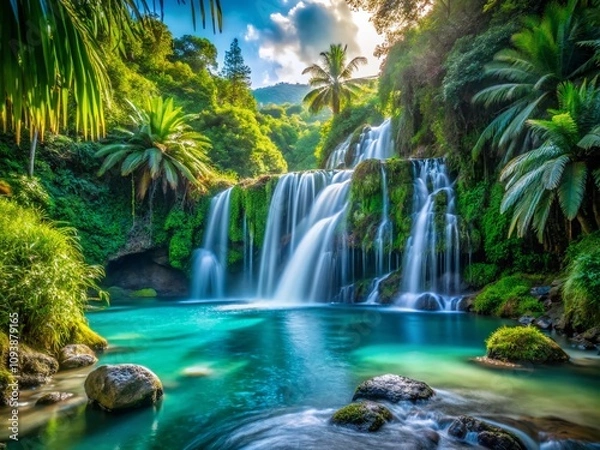 Fototapeta Enchanting Cascade Te Vaiuri in Afareaitu: A Serene Tropical Paradise Surrounded by Lush Greenery and Crystal Clear Waters, Perfect for Nature Lovers and Adventurers