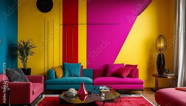 Fototapeta stylish living room with bold colorful wall decor