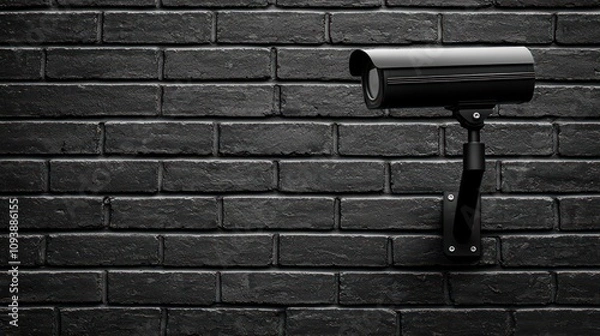 Fototapeta A sleek black security camera mounted on a textured dark brick wall, emphasizing surveillance and security in a modern setting.