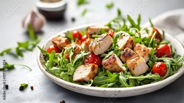 Obraz Fresh arugula salad with grilled chicken cubes.
