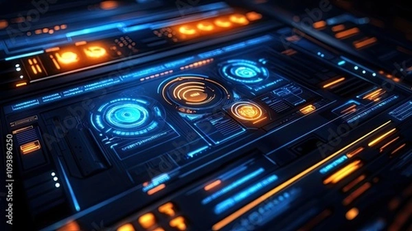 Fototapeta Futuristic Interface with Glowing Blue and Orange Lights