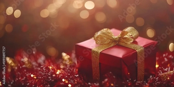Obraz Red gift box with golden ribbon surrounded by sparkling bokeh lights and holiday decor for festive celebrations