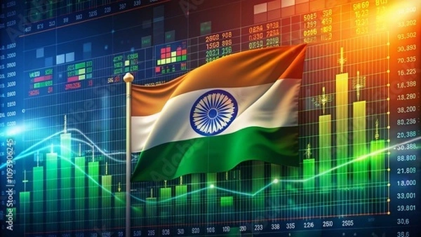 Obraz Indian Flag Waving with Stock Market Graphs in the Background, Symbolizing Economic Growth and National Pride in a Dynamic Financial Environment