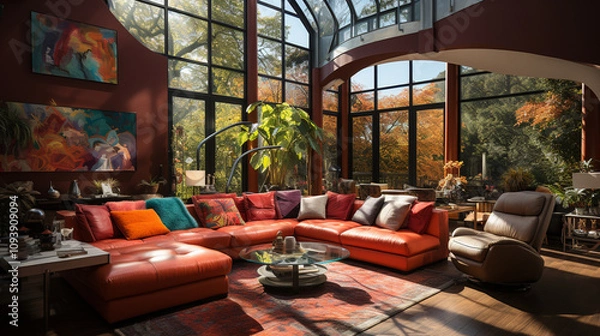 Fototapeta A luxurious living room with a long orange sofa, with  hardwood floors, with walls feature minimalist art and large windows