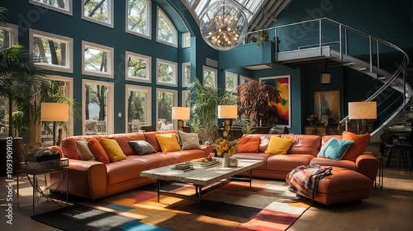 Fototapeta A luxurious living room with a long orange sofa, with  hardwood floors, with walls feature minimalist art and large windows