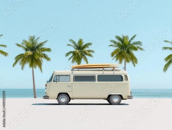 Fototapeta retro van with surfboard by the beach under palm trees