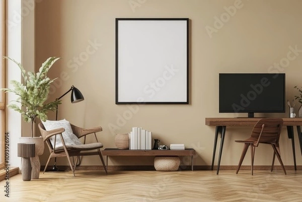 Fototapeta A modern home office with a wooden desk, chair, and a large window. There is a black framed poster hanging on the wall and a plant in the corner.