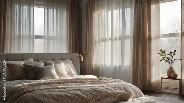 Fototapeta Bright Bedroom with Large Bed and Sheer Curtains