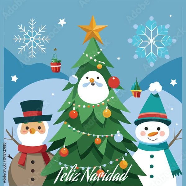 Fototapeta Feliz Navidad with Santa clause  calligraphic lettering Spanish Christmas Winter tree Vector Background text tshirt poster banner illustration