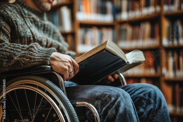 Fototapeta Disabled man in wheelchair reading book in library, concept of Lifelong Learning