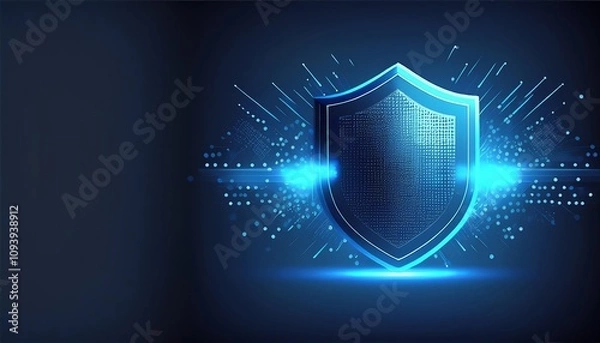 Fototapeta A glowing digital shield representing cybersecurity, set against a dark background with abstract elements around it.