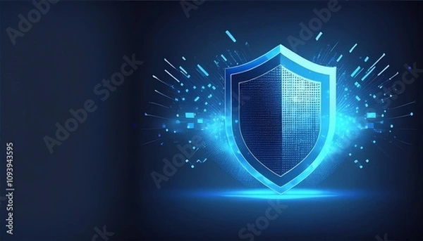 Fototapeta A glowing blue shield symbolizing digital security and protection, surrounded by technological elements in a dark background.
