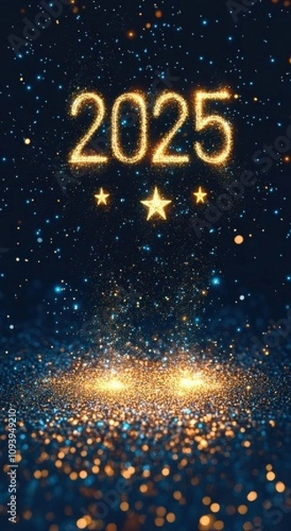 Fototapeta Happy New Year 2025 Vibrant Banner with Sparkling Golden Numbers in Dark Blue Background