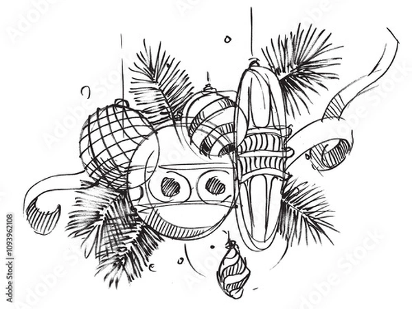 Fototapeta New Year's composition. Christmas tree decorations and Christmas tree branches. Christmas drawing