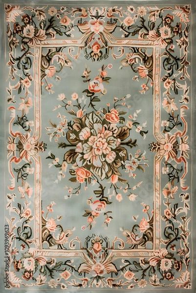 Fototapeta This elegant rectangular area rug showcases intricate floral patterns and soft pastel colors, adding sophistication to any home decor with a touch of luxury and traditional charm