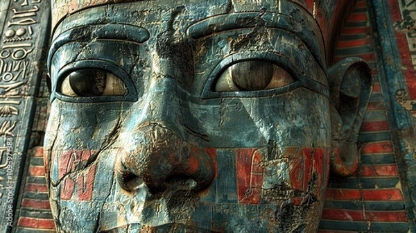 Fototapeta Close-Up of an Ancient Egyptian Pharaoh's Golden Mask with Intricate Hieroglyphics