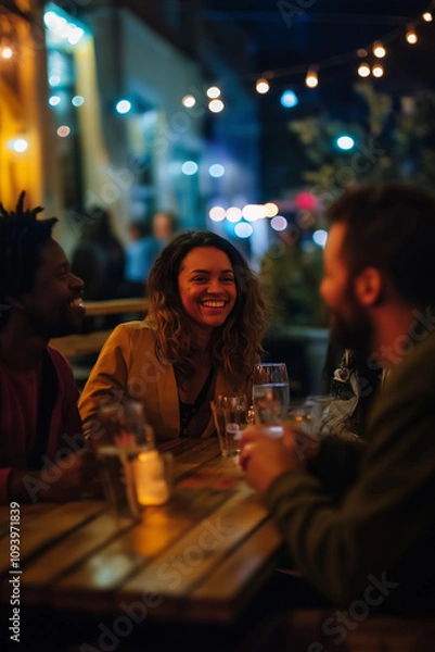 Fototapeta A group of friends laughing and having a good time at a cozy bar during nighttime. Warm lighting and a friendly atmosphere enhance their evening of socializing and enjoyment.