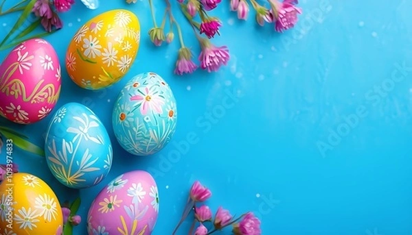 Obraz vibrant easter eggs with floral patterns on a blue backdrop
