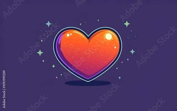 Fototapeta A vibrant orange heart with a galaxy texture, outlined in bright colors, set against a deep purple background, radiating a cheerful and whimsical atmosphere.