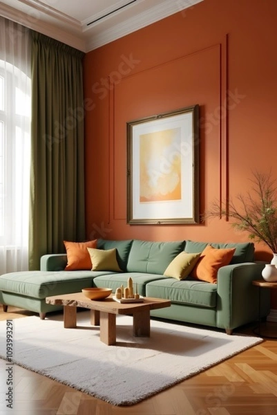 Fototapeta Terracotta and Olive Green Living Room Interior