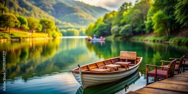 Fototapeta Serene Tilt-Shift Photography of Empty Seats on a Boat, Capturing a Tranquil Scene of Abandonment on the Water Surrounded by Nature's Beauty in Soft Focus