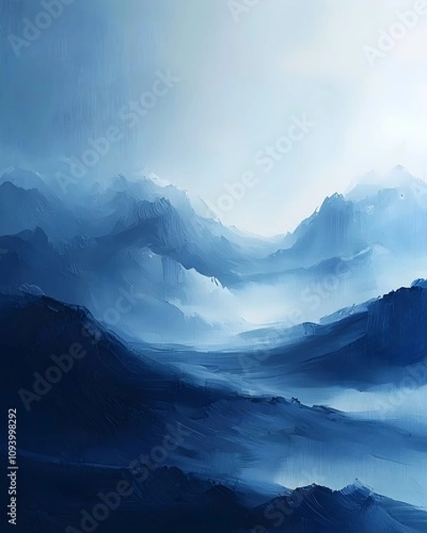 Fototapeta A stunning digital painting of a serene blue mountain landscape, showcasing layers of misty peaks and tranquil valleys under a soft, cloudy sky.
