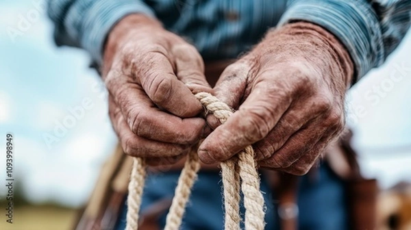Obraz Close-Up of Experienced Hands Skillfully Tying Rope in Outdoor Setting, Illustrating Craftsmanship and Traditional Techniques in Rural Lifestyle