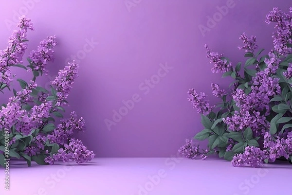 Fototapeta A vibrant arrangement of purple lilac flowers against a soft purple background, creating a serene and calming atmosphere perfect for spring decor.