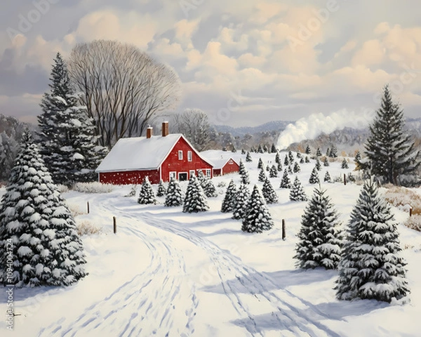 Obraz Snow-covered landscape with a charming red farmhouse surrounded by pine trees under a cloudy winter sky.