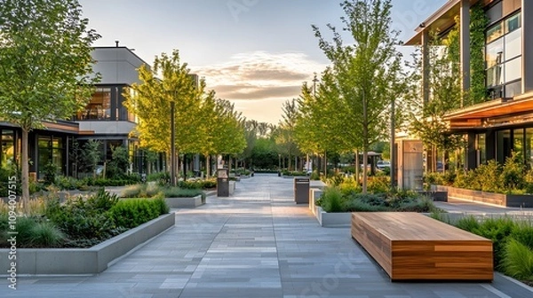 Fototapeta A stylish pedestrian plaza surrounded by modern architecture and lush green landscaping