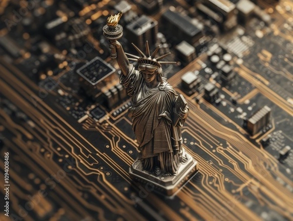 Fototapeta Statue of Liberty in glowing hologram with data streams.