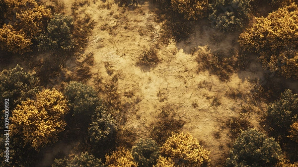 Obraz Aerial view of a forested area with golden foliage and a clear ground patch.