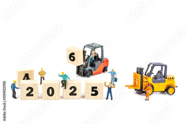 Fototapeta miniature worker team building standing front of forklift machine with 2025 number on wooden block on white background, decoration to Happy new year 2025 concept.