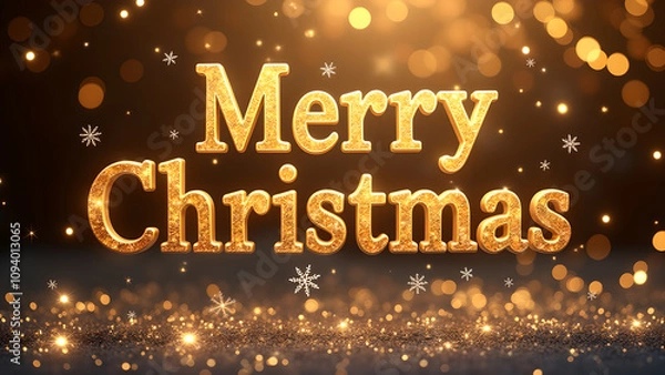 Fototapeta Merry Christmas golden text with bokeh lights. Concept of winter holidays, celebration, and festive season.