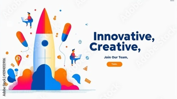 Fototapeta startup hiring concept. A vibrant illustration of a rocket symbolizing innovation and creativity, ideal for team recruitment and motivation.