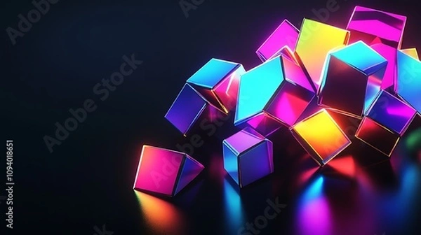Fototapeta Vibrant, colorful, glossy cubes scattered on a dark reflective surface.