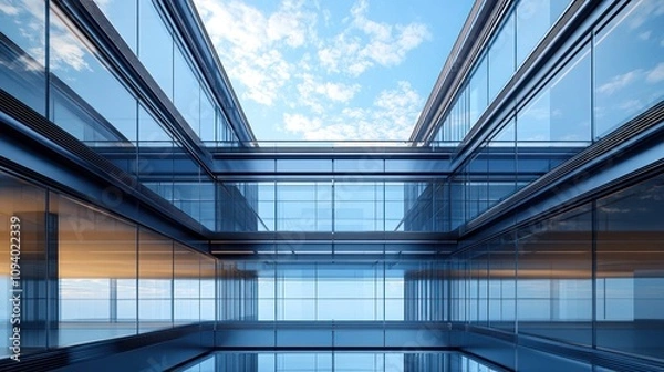 Fototapeta Modern architectural interior with glass walls and open sky view.