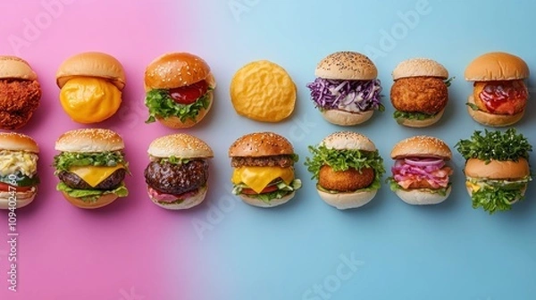 Fototapeta A colorful assortment of mini burgers on a gradient background, showcasing various toppings.