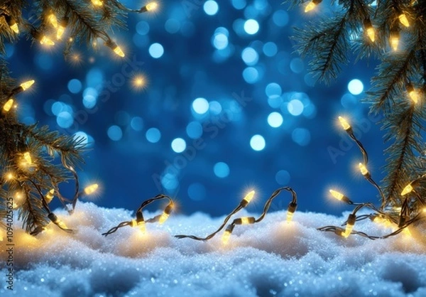 Fototapeta Magical Winter Wonderland with Shimmering Lights and Twinkling Bokeh Background Creating a Cozy Holiday Atmosphere in a Snowy Setting
