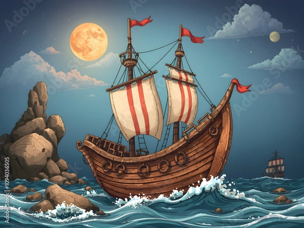 Obraz ocean and pirate ship, detailed hand illustration rendered in sea of thieves game style, cute cartoon style