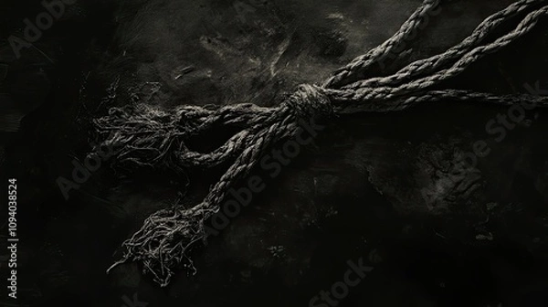 Fototapeta An aged, frayed cable laying in disarray, illuminated to highlight texture and detail against a pitch-black canvas.