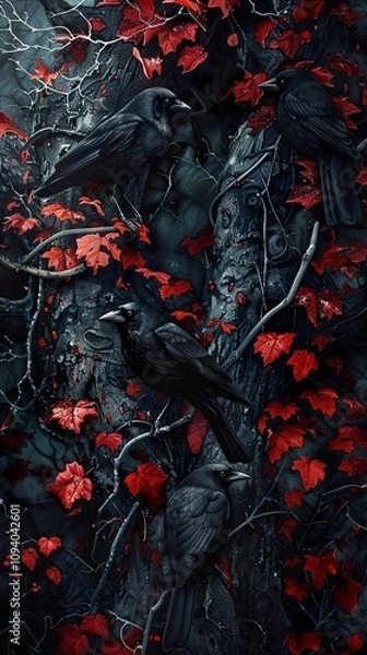 Fototapeta Black Crows Perched on Branches in a Dark Forest with Red Autumn Leaves