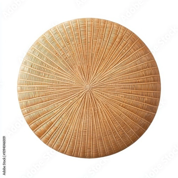 Fototapeta A round, woven rattan mat with a textured surface, showcasing a natural and rustic aesthetic ideal for home decor.