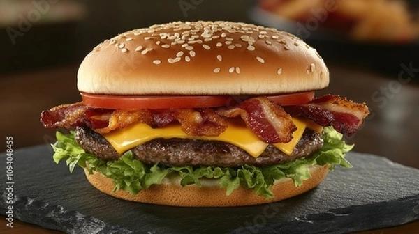 Obraz Juicy Cheeseburger with Fresh Lettuce and Tomatoes