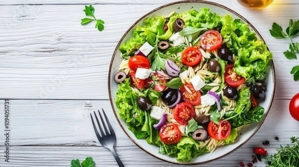 Obraz Fresh Orzo Pasta Salad with Cherry Tomatoes and Greens