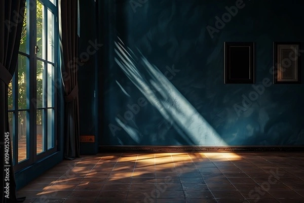 Fototapeta A hyper realistic photograph of a room with dark blue walls, brown floor, and light from the left side. An open window with curtains and a black framed picture on the wall.