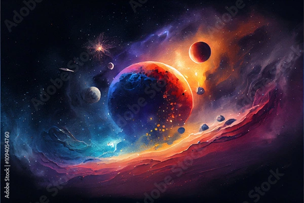 Fototapeta Watercolor space scene with vibrant nebulae, stars and planets creates a mesmerizing cosmic artwork, capturing the beauty of the universe. Perfect for space enthusiasts seeking dreamy celestial escape